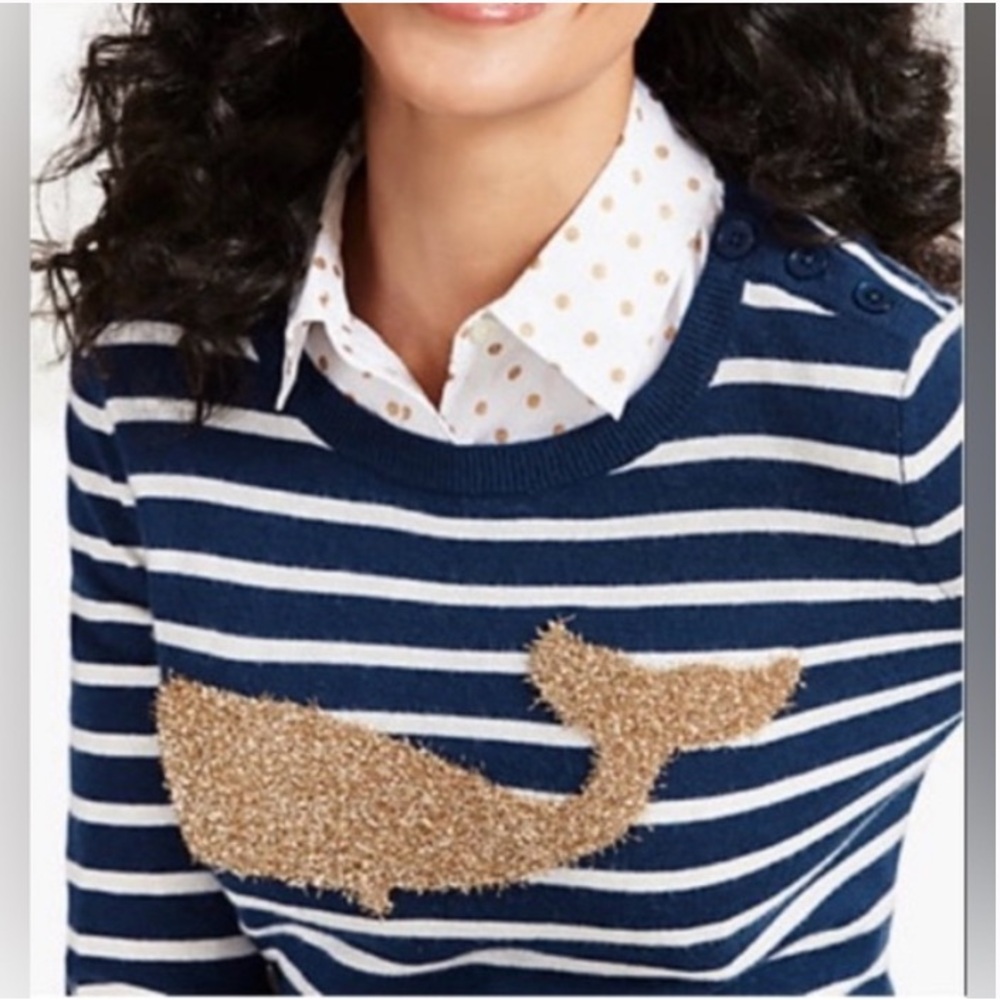 Talbots EUC Striped Metallic Whale Knit Pullover Sweater Navy White Gold M